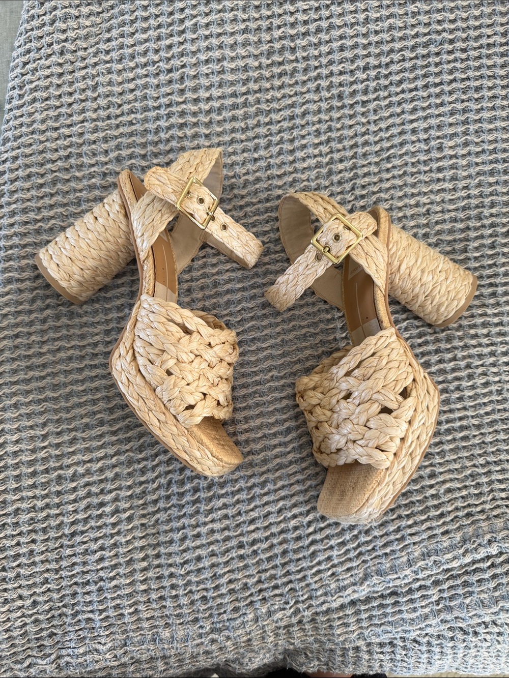 Dolce Vita Natural Braided Wedge Sandals with Gold Buckles